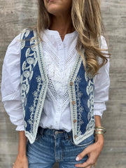 Embroidered Button Up V-Neck Vest Coat Blue One Size Trendsi