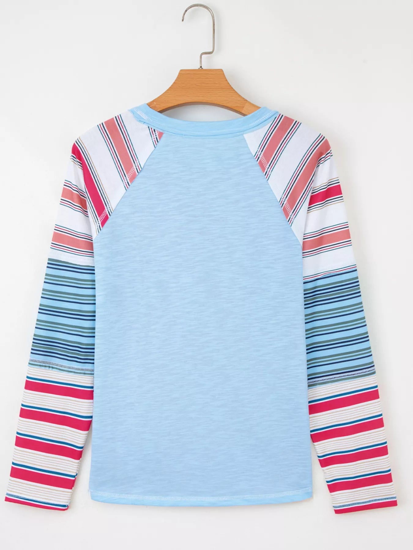 Color Block Round Neck Exposed Seam Patchwork Striped Long Sleeve Top OutfitFlow