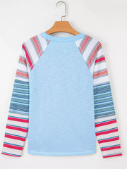 Color Block Round Neck Exposed Seam Patchwork Striped Long Sleeve Top OutfitFlow