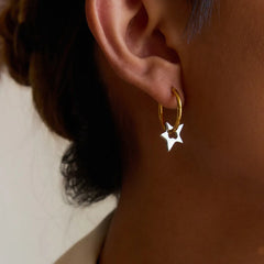 Two-Tone Stainless Steel Star Hoop Earrings Gold One Size OutfitFlow