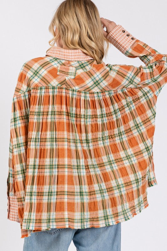 SAGE + FIG Side Slit Plaid Button Down Long Sleeve Shirt