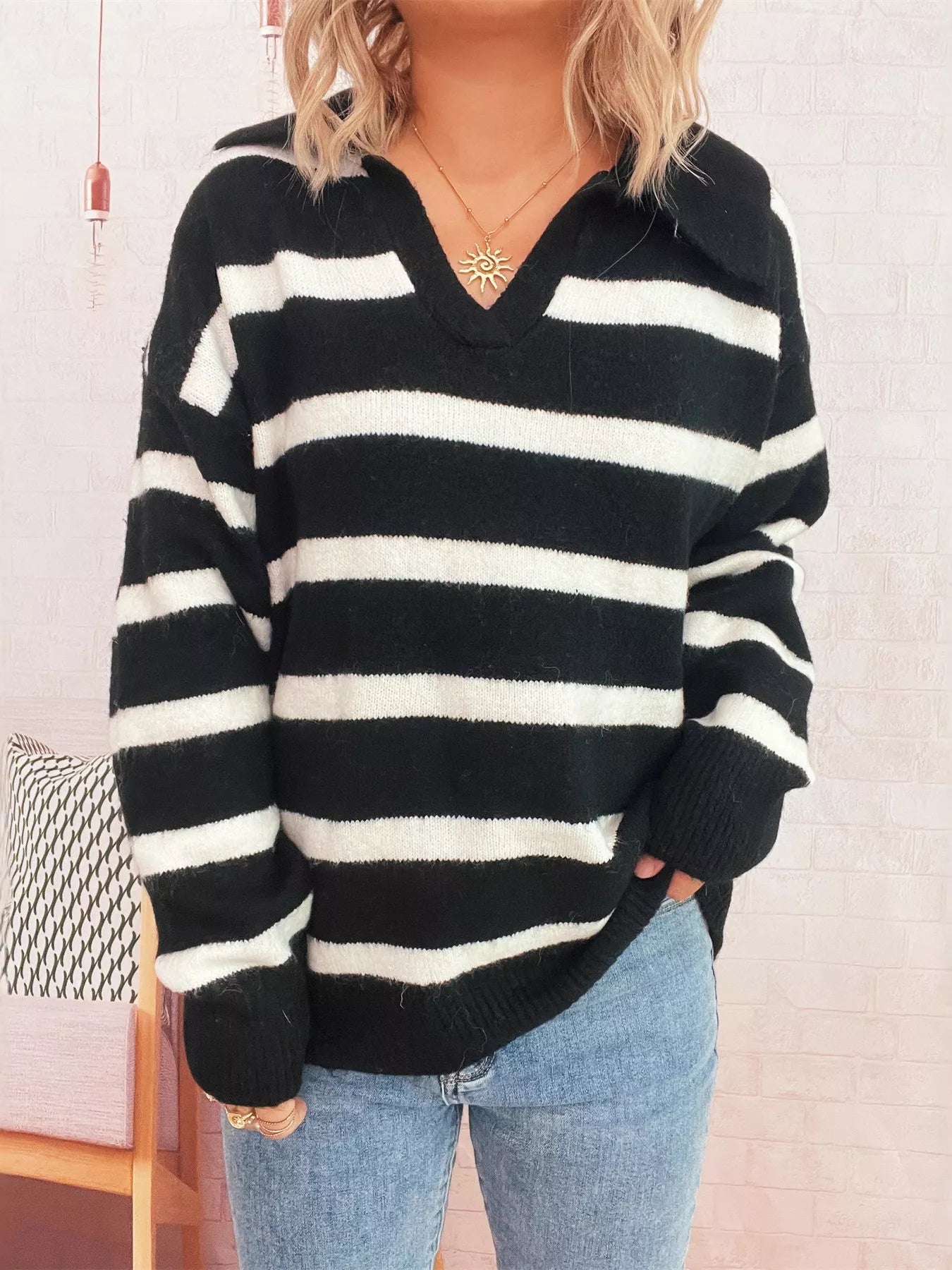 Striped Dropped Shoulder Sweater OutfitFlow