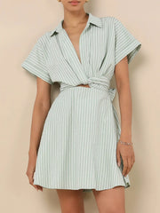 Striped Cutout Front Short Sleeve Shirt Dress Light Green OutfitFlow