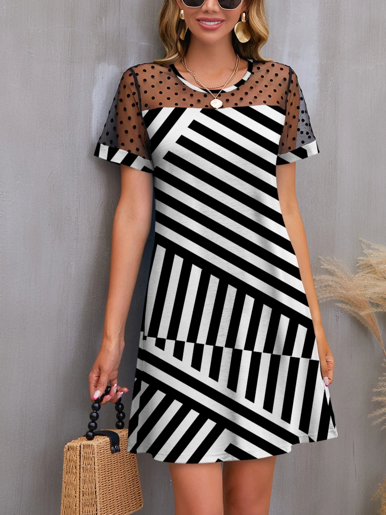 Mesh Polka Dot Striped Casual Dress Black White OutfitFlow