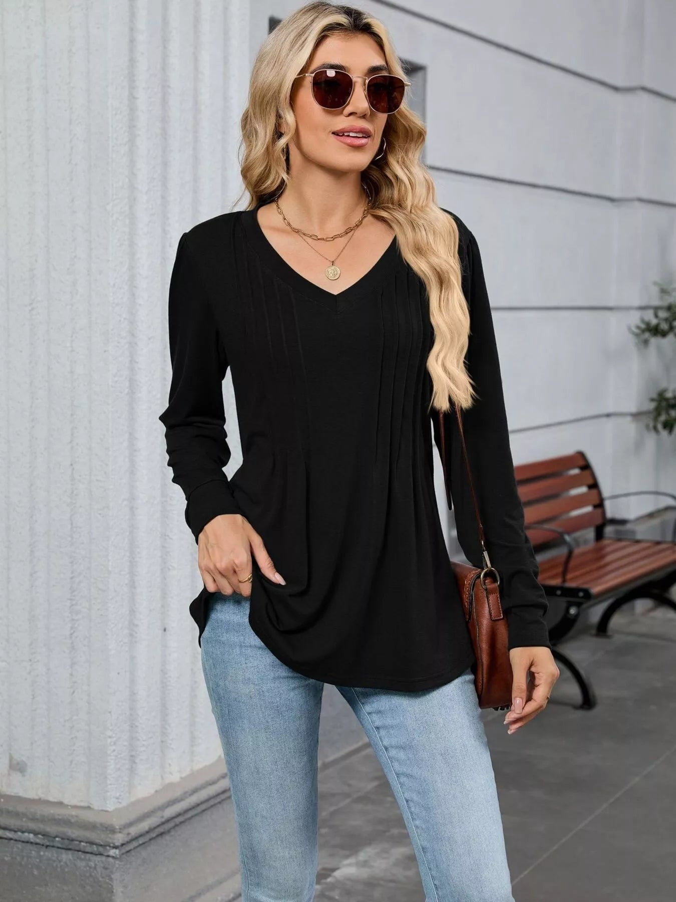 V-Neck Long Sleeve Relaxed Fit T-Shirt OutfitFlow