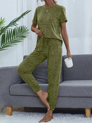 Round Neck Short Sleeve Top and Pants Lounge Set Green OutfitFlow