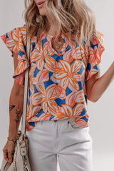 Flower Print Notched Neck Ruffle Sleeve Blouse OutfitFlow