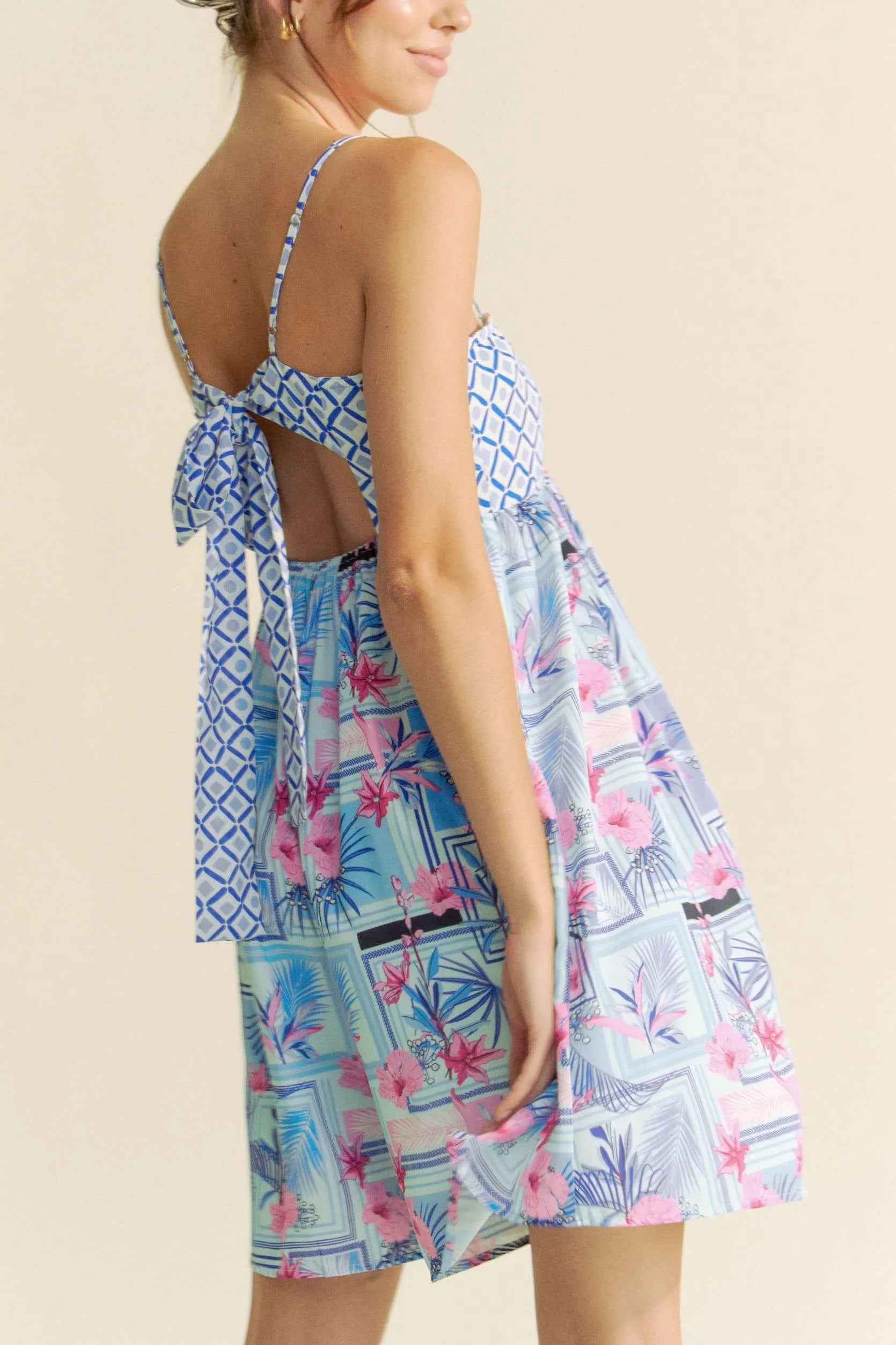 Davi & Dani Tropical Floral Geo Print Tie Back Tube Top Romper OutfitFlow