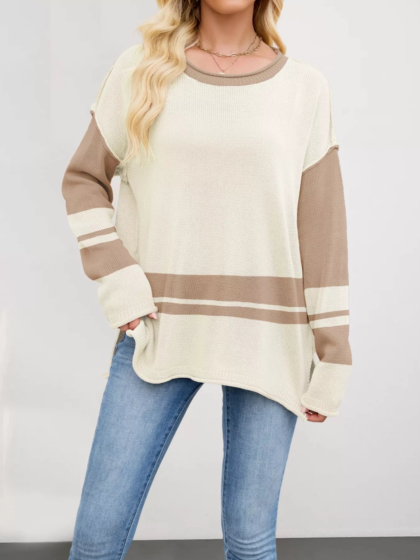 Color Block Side Slit Sweater Khaki OutfitFlow