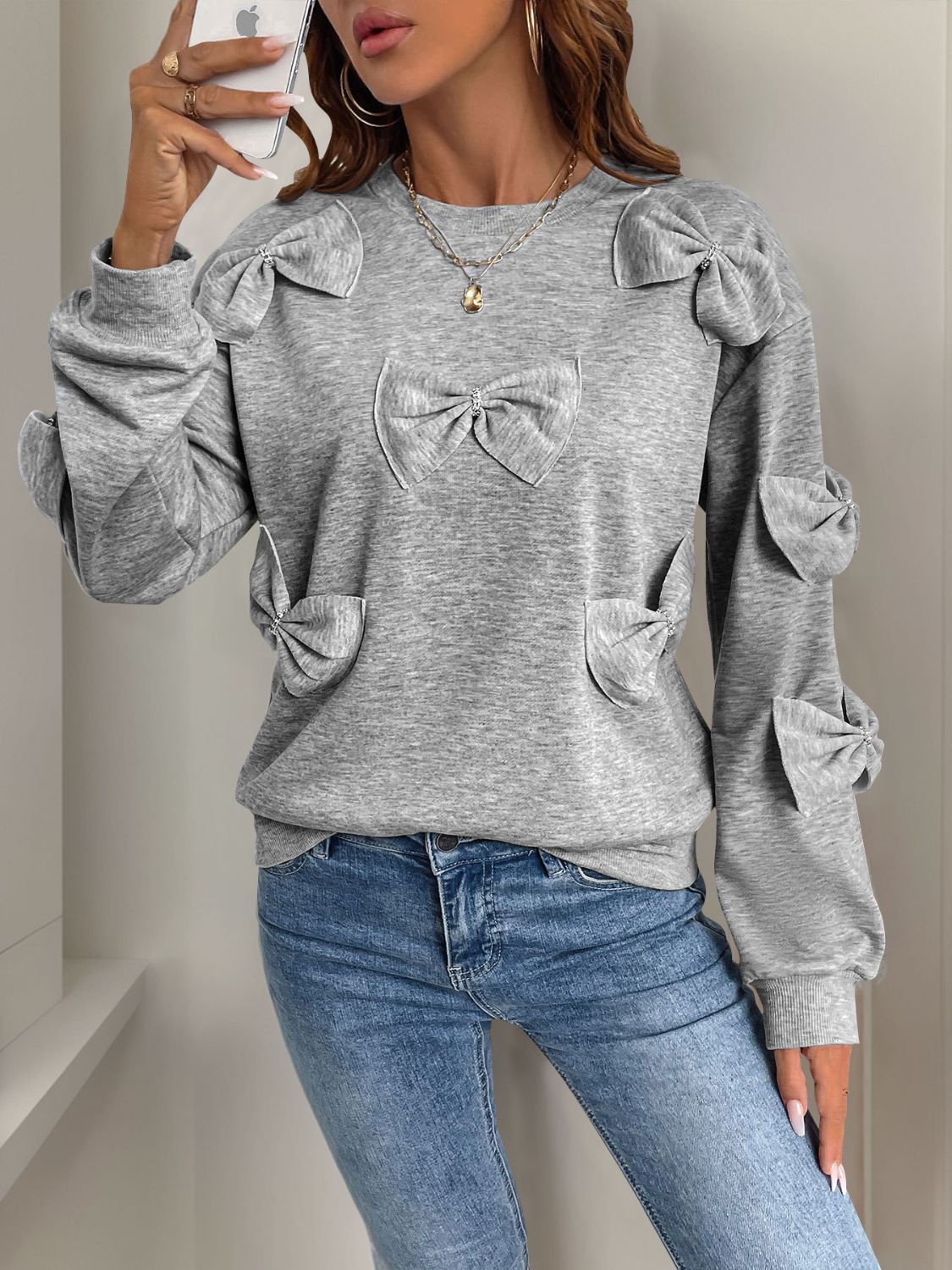 Outfit Flow - Perfee Bow Round Neck Long Sleeve Sweatshirt