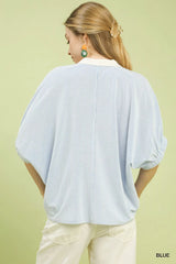 Contrast Collar V-Neck Top Trendsi