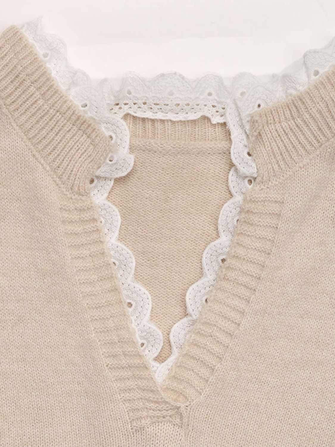 Outfit Flow - Perfee Lace Detail Notched Long Sleeve Sweater