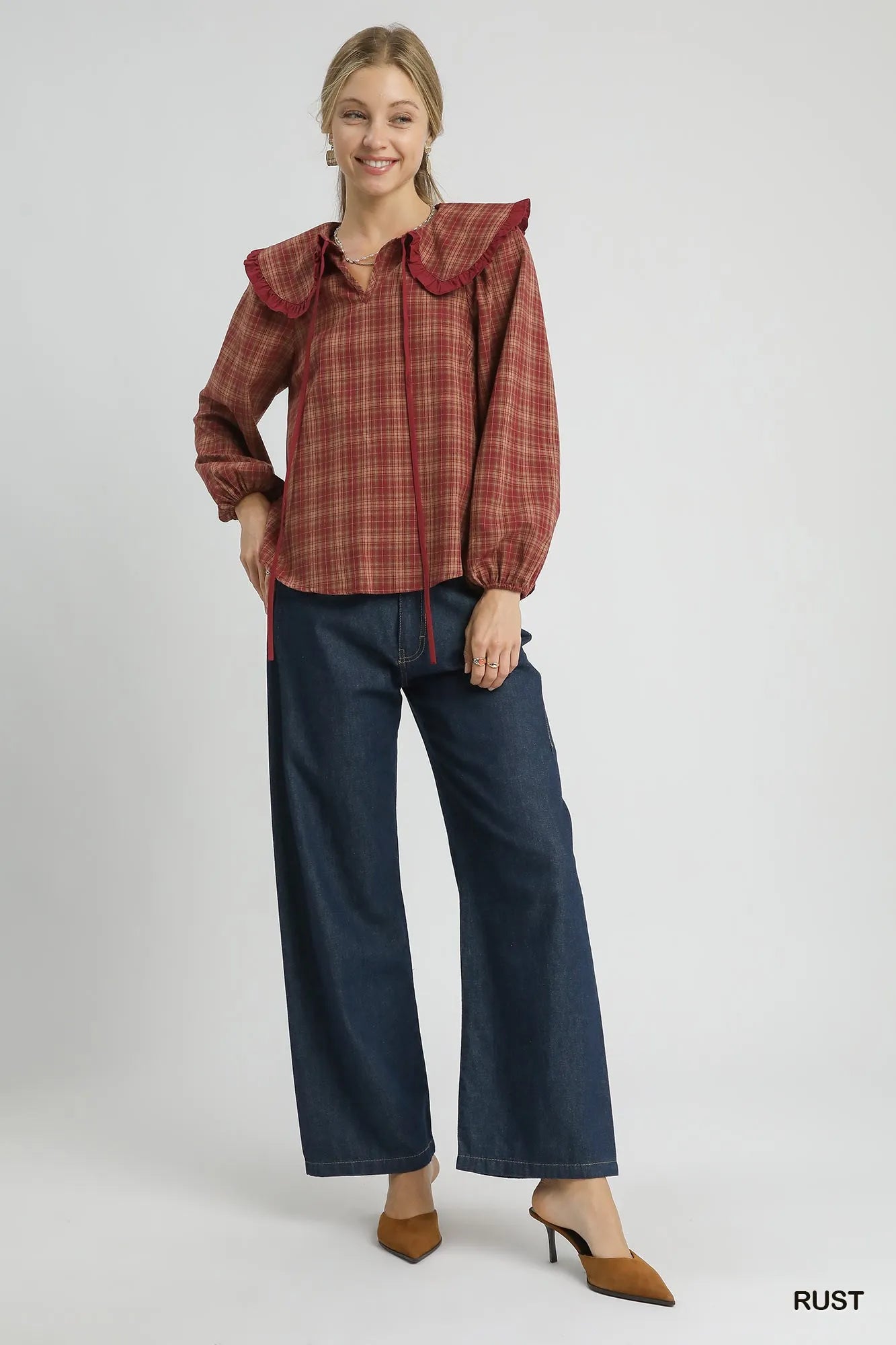 Umgee Full Size Plaid Ruffle Collar Blouse Plus Size Trendsi