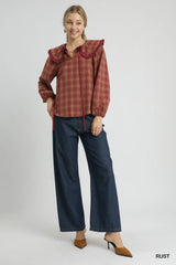 Umgee Full Size Plaid Ruffle Collar Blouse Plus Size Trendsi