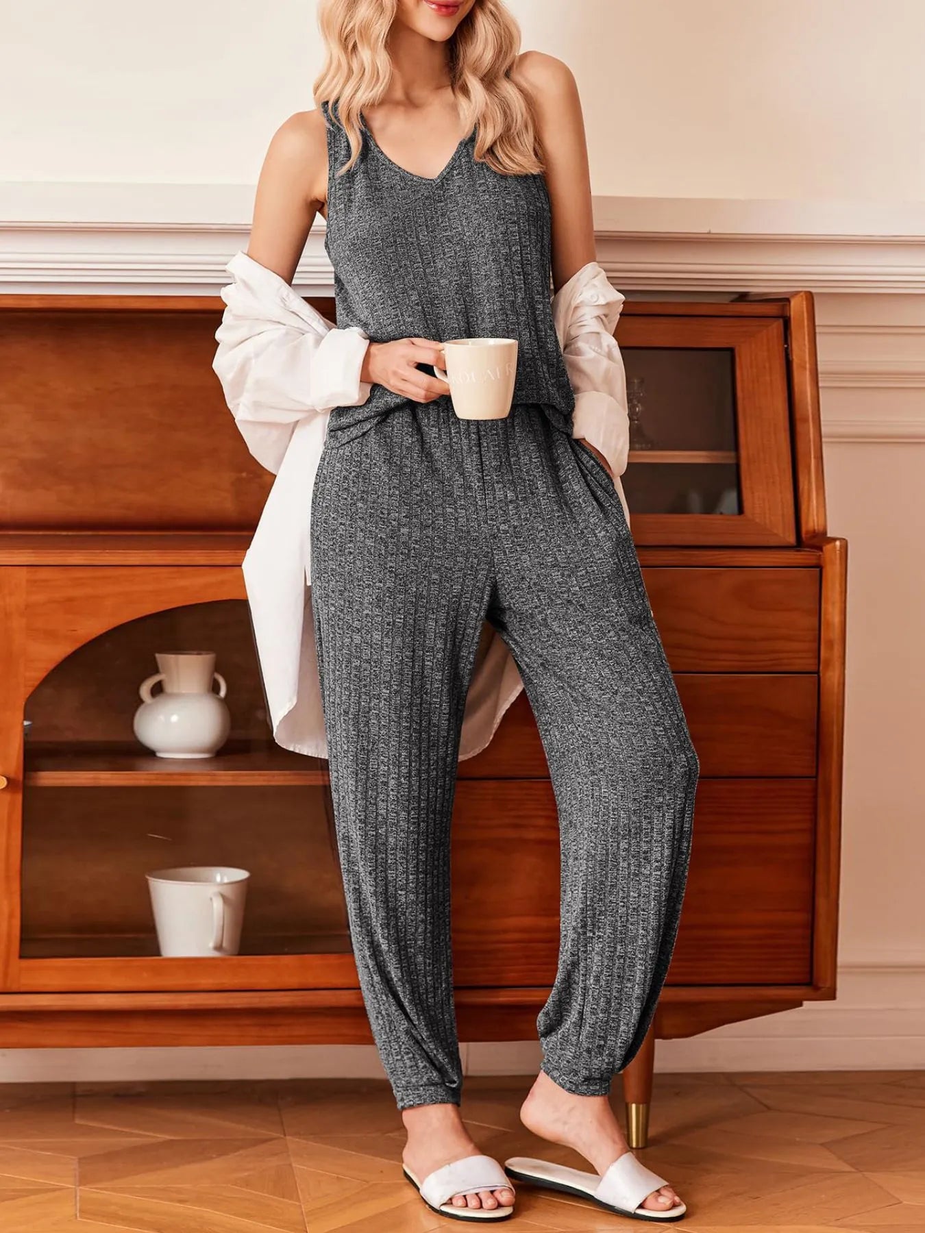 Ribbed Knit V-Neck Tank and Pants Lounge Set Dark Gray OutfitFlow