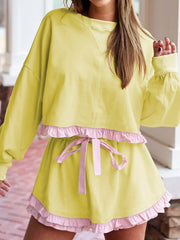 Contrast Frill Hem Round Neck Top and Shorts Set OutfitFlow
