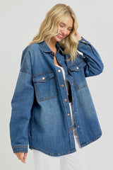 RISEN Full Size Snap Down Long Sleeve Denim Jacket