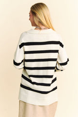 Outfit Flow - Davi & Dani High-Low Side Slit Striped Johnny Collar Sweater