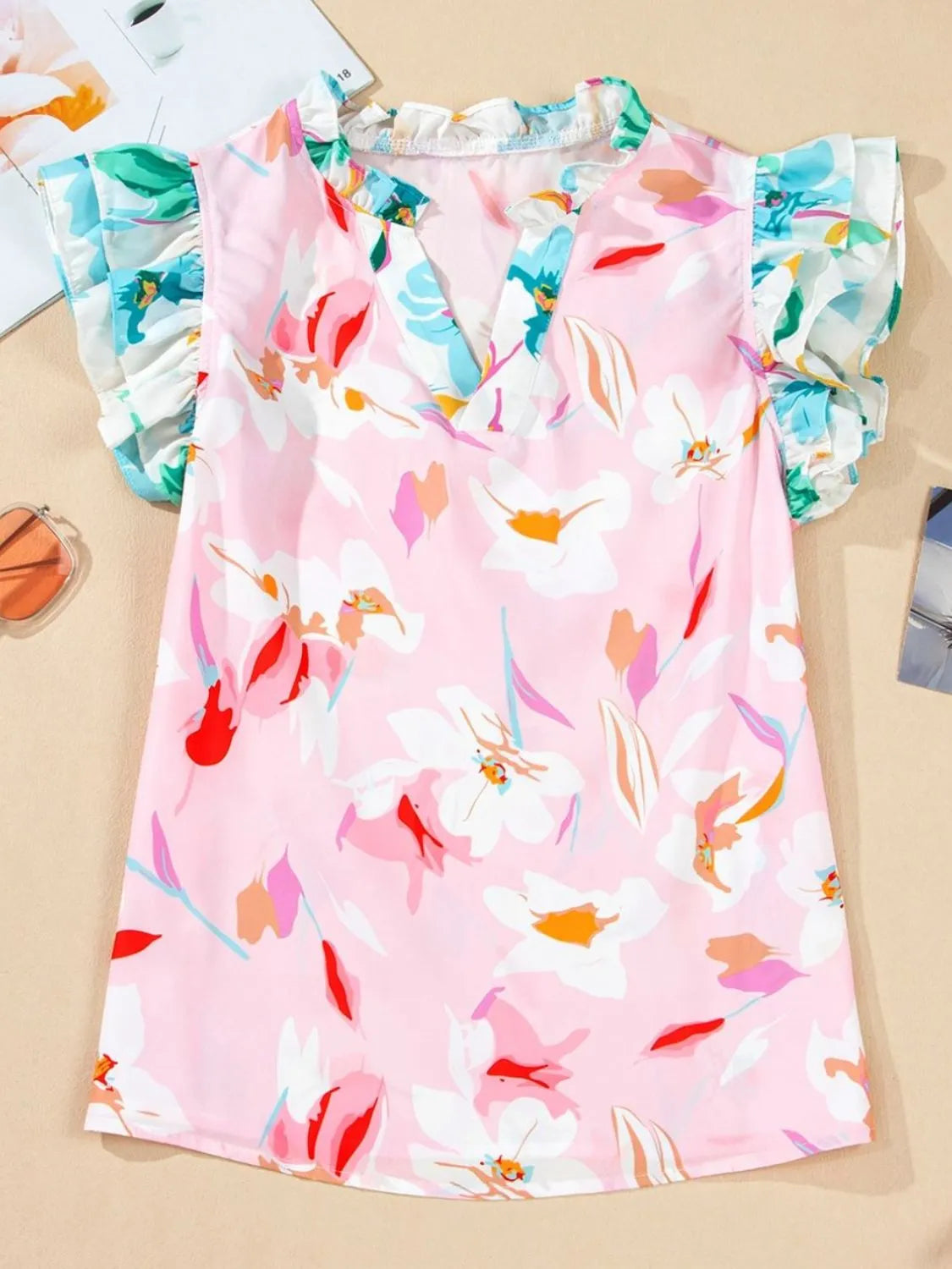 Printed Notched Cap Sleeve Blouse OutfitFlow