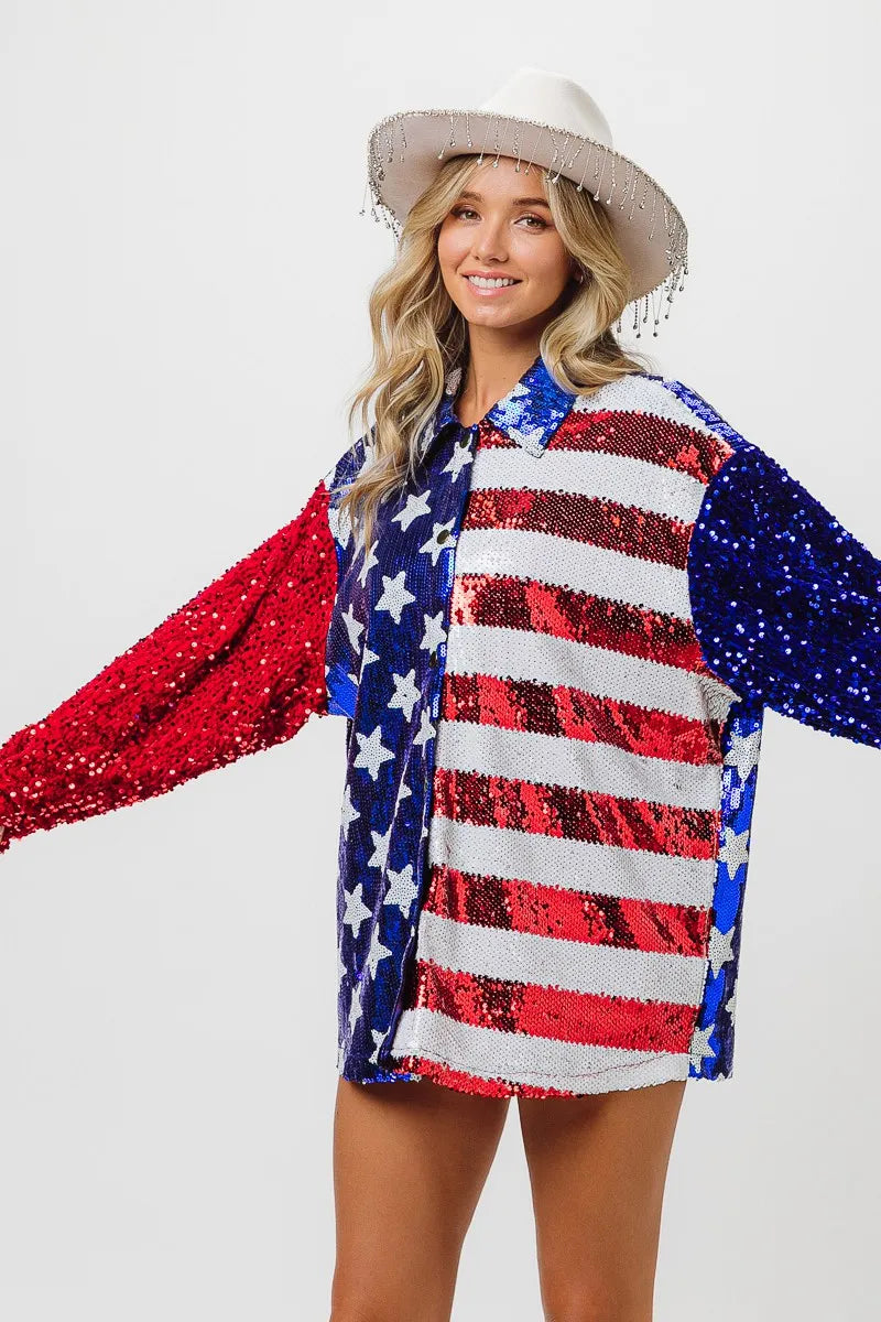 BiBi Velvet Sequin American Flag Shirt OutfitFlow