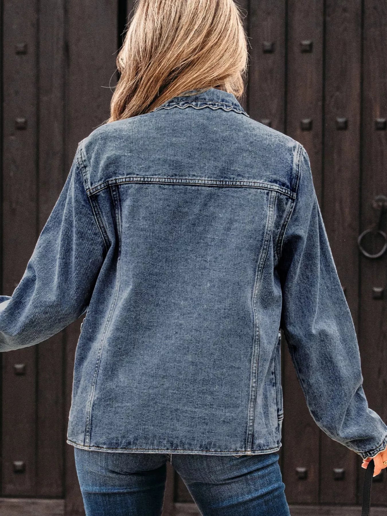 Scallop Trim Collar Patched Pocket Button Up Denim Jacket OutfitFlow