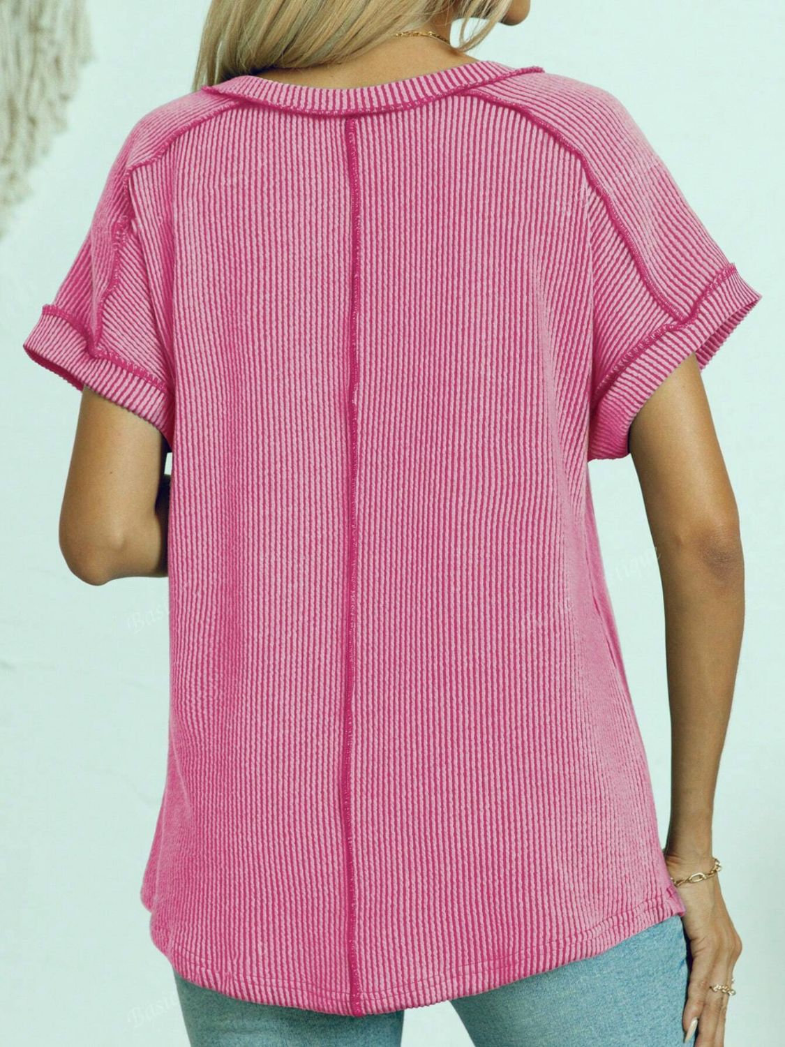 Exposed Seam V-Neck Short Sleeve Top OutfitFlow