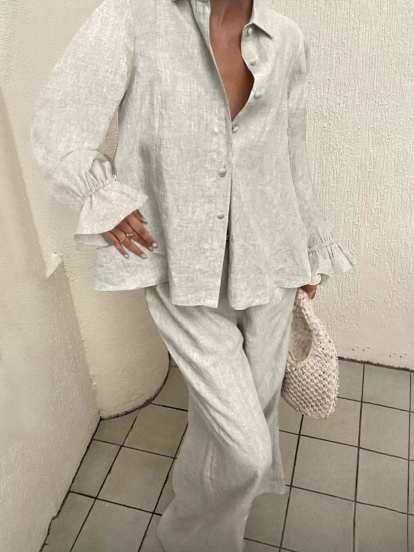 Ruffle Sleeve Shirt and Pants Set OutfitFlow