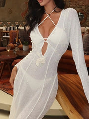 Pearl Detail Long Sleeve Knit Cover Up Dress OutfitFlow