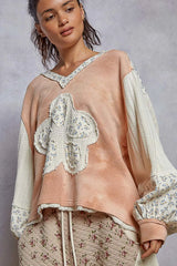POL Raw Hem Washed Hoodie with Flower Patch OutfitFlow