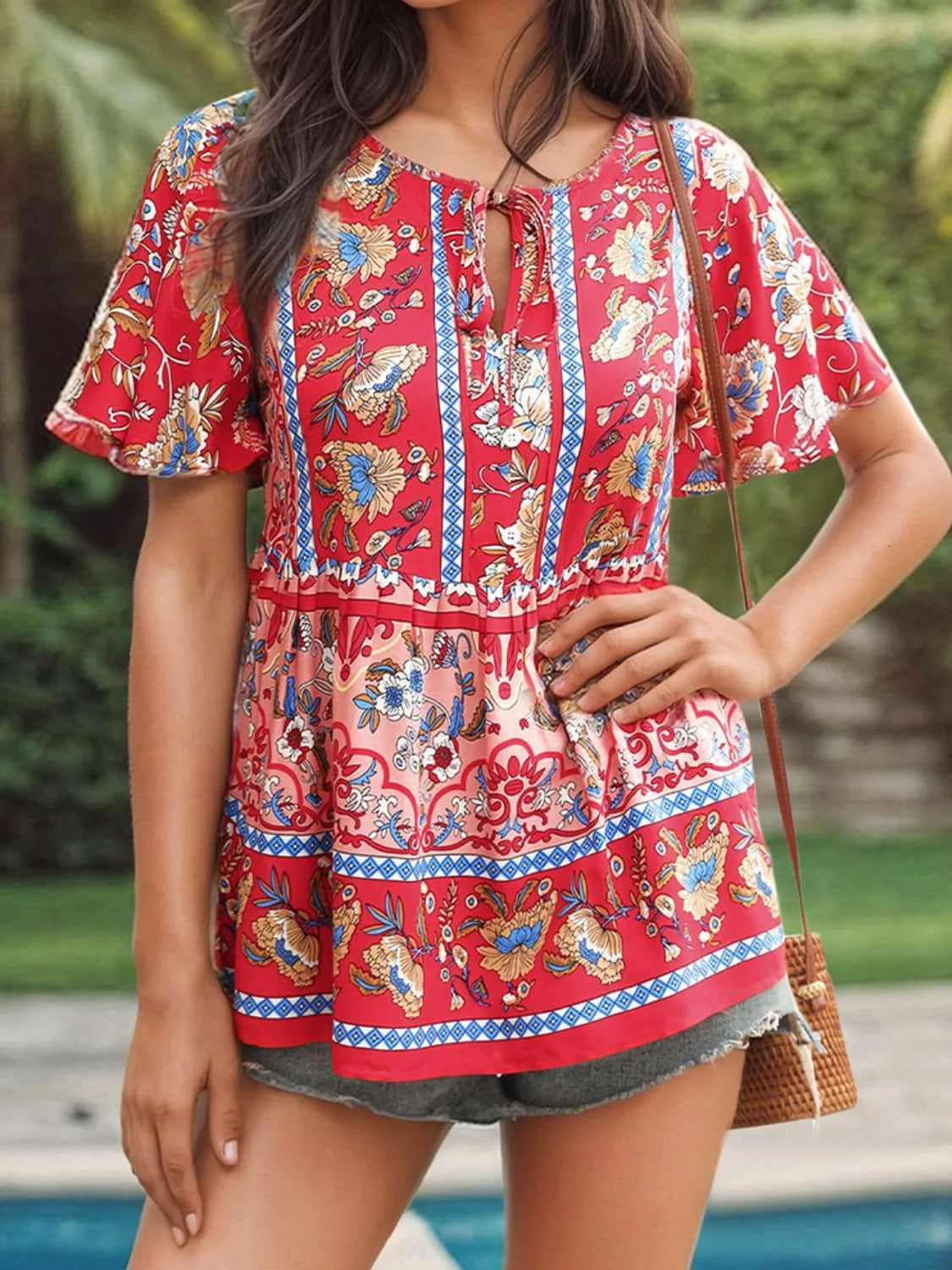 Floral Print Tie Neck Flutter Sleeve Blouse OutfitFlow