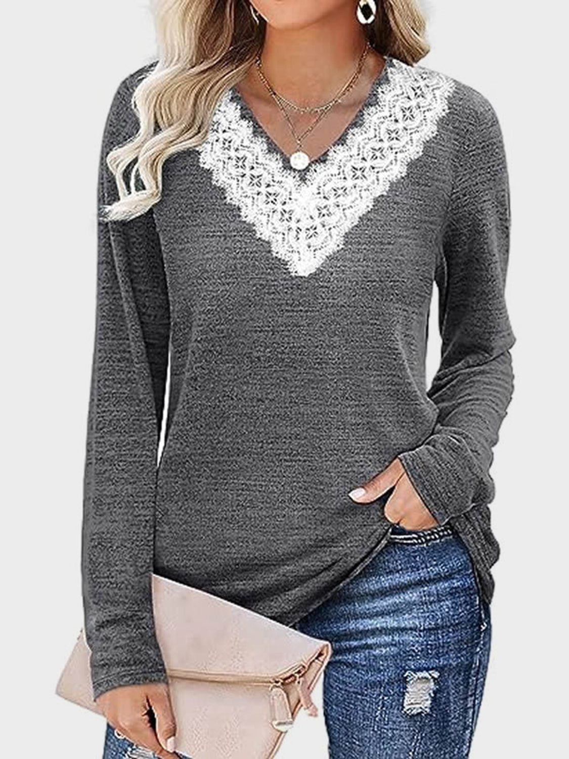 Outfit Flow - Lace Detail V-Neck Long Sleeve T-Shirt