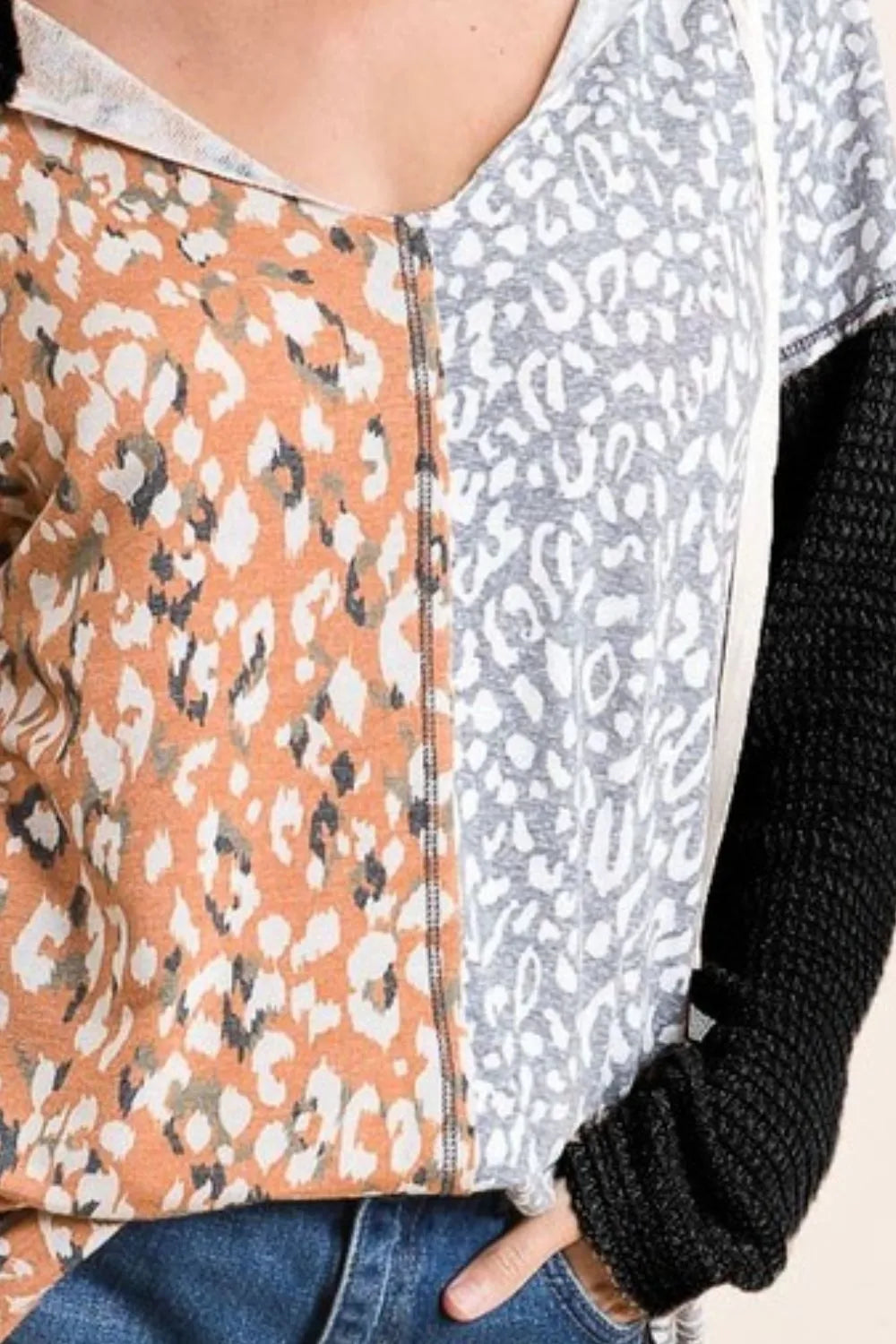BiBi Popcorn Waffle Knit Hoodie with Print Block Front OutfitFlow