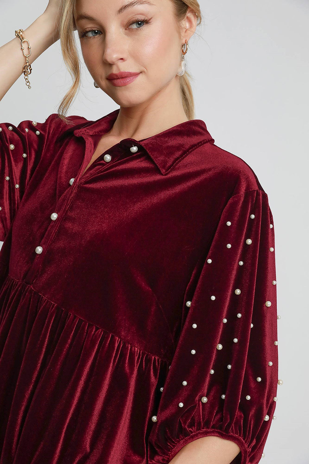 Outfit Flow - Umgee Pearl Detail Collared Neck Velvet Babydoll Blouse