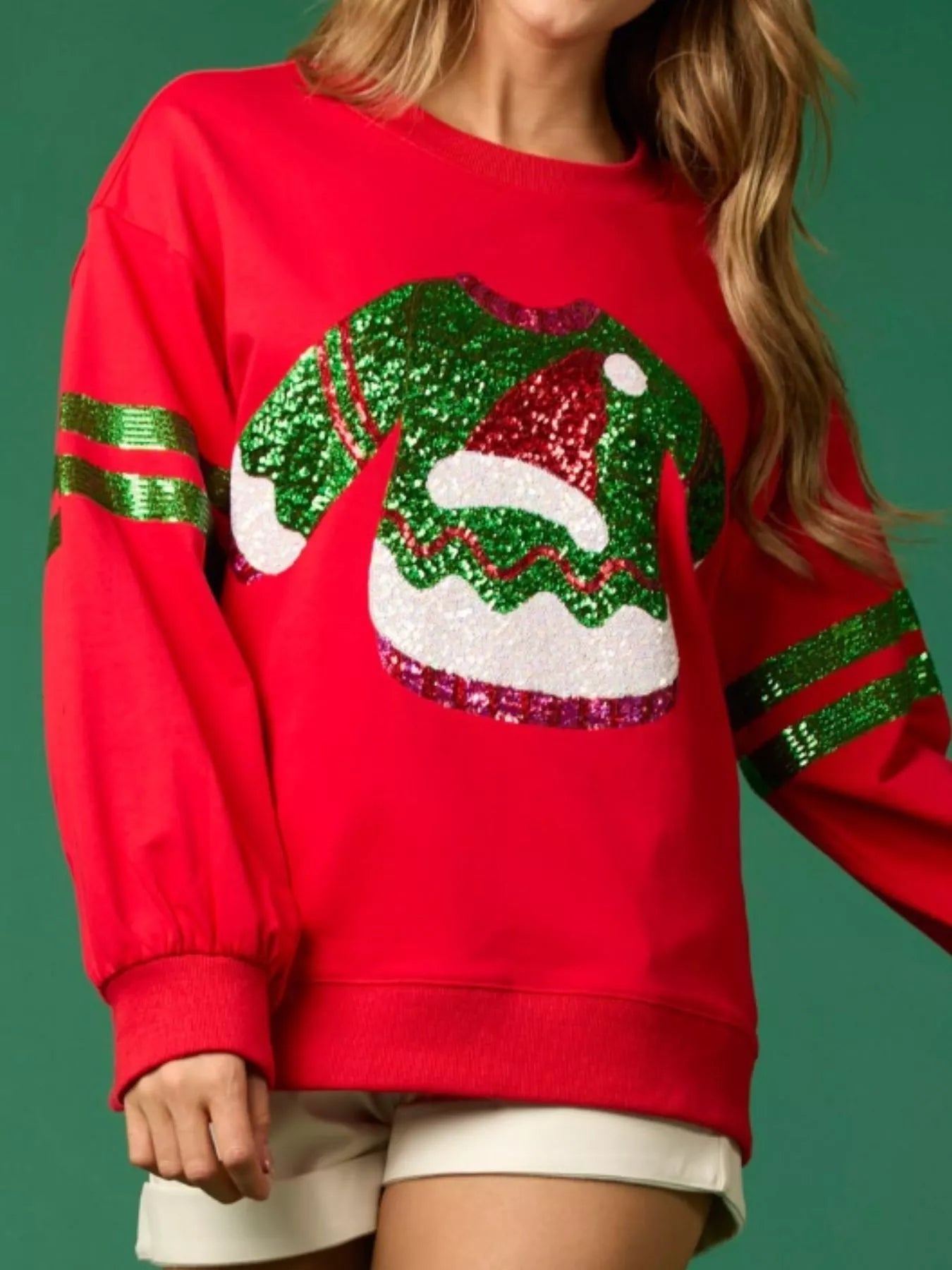 Christmas Sequin Santa Hat Holiday Sweatshirt OutfitFlow
