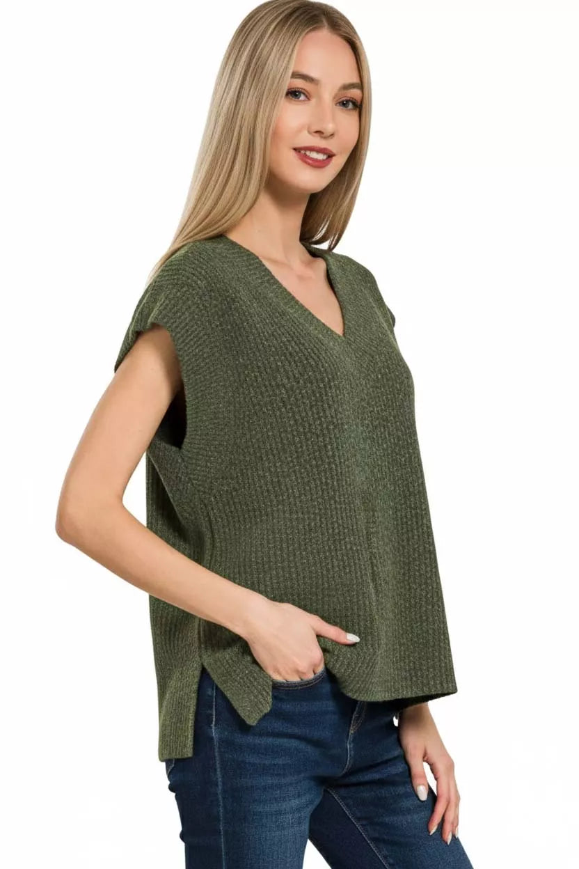 Zenana Ribbed Slit V-Neck Sweater Vest Trendsi