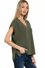 Zenana Ribbed Slit V-Neck Sweater Vest Trendsi