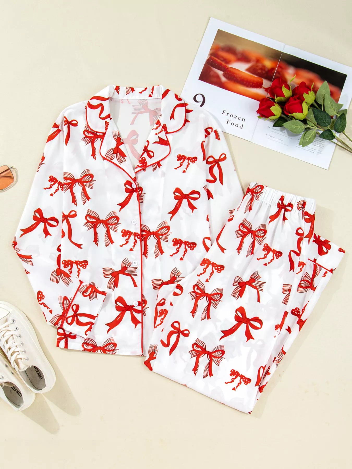 Christmas Bow Print Top and Pants 2pcs Pajama Set OutfitFlow