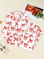 Christmas Bow Print Top and Pants 2pcs Pajama Set OutfitFlow