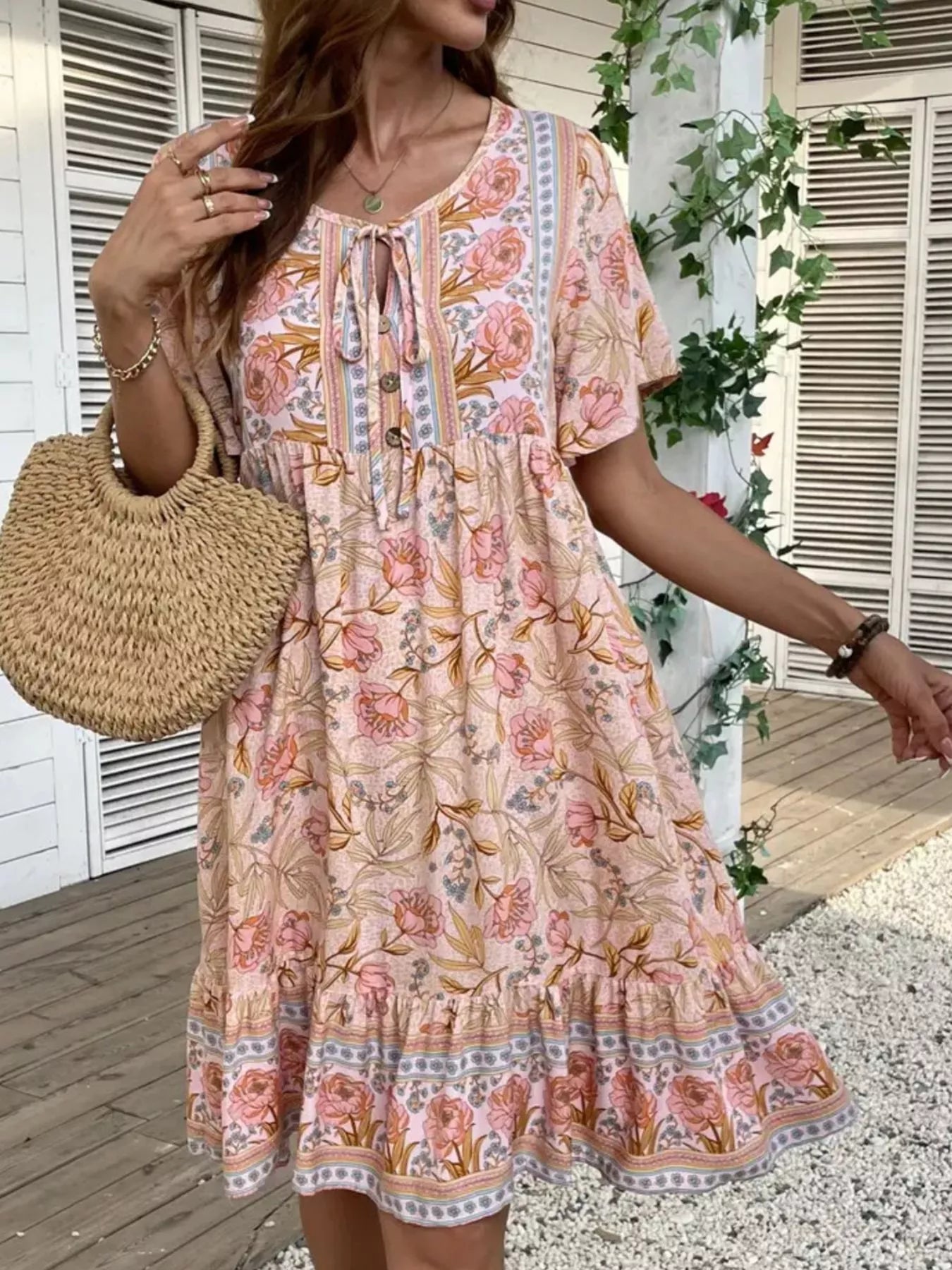 Printed Tie Neck Short Sleeve Mini Dress OutfitFlow