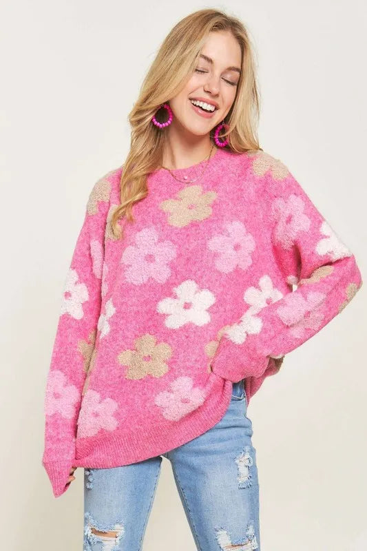 ADORA Full Size Floral Popped 2-Tone Sweater Top Plus Size OutfitFlow