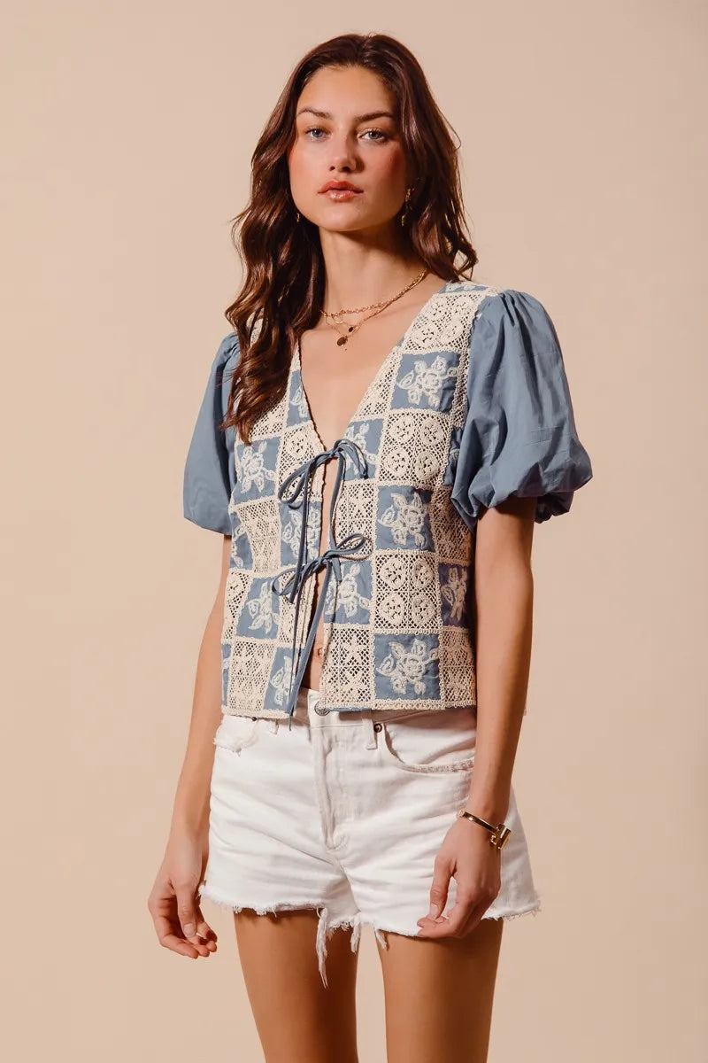 SO ME Crochet Lace Tie Front V Neck Blouse Top OutfitFlow