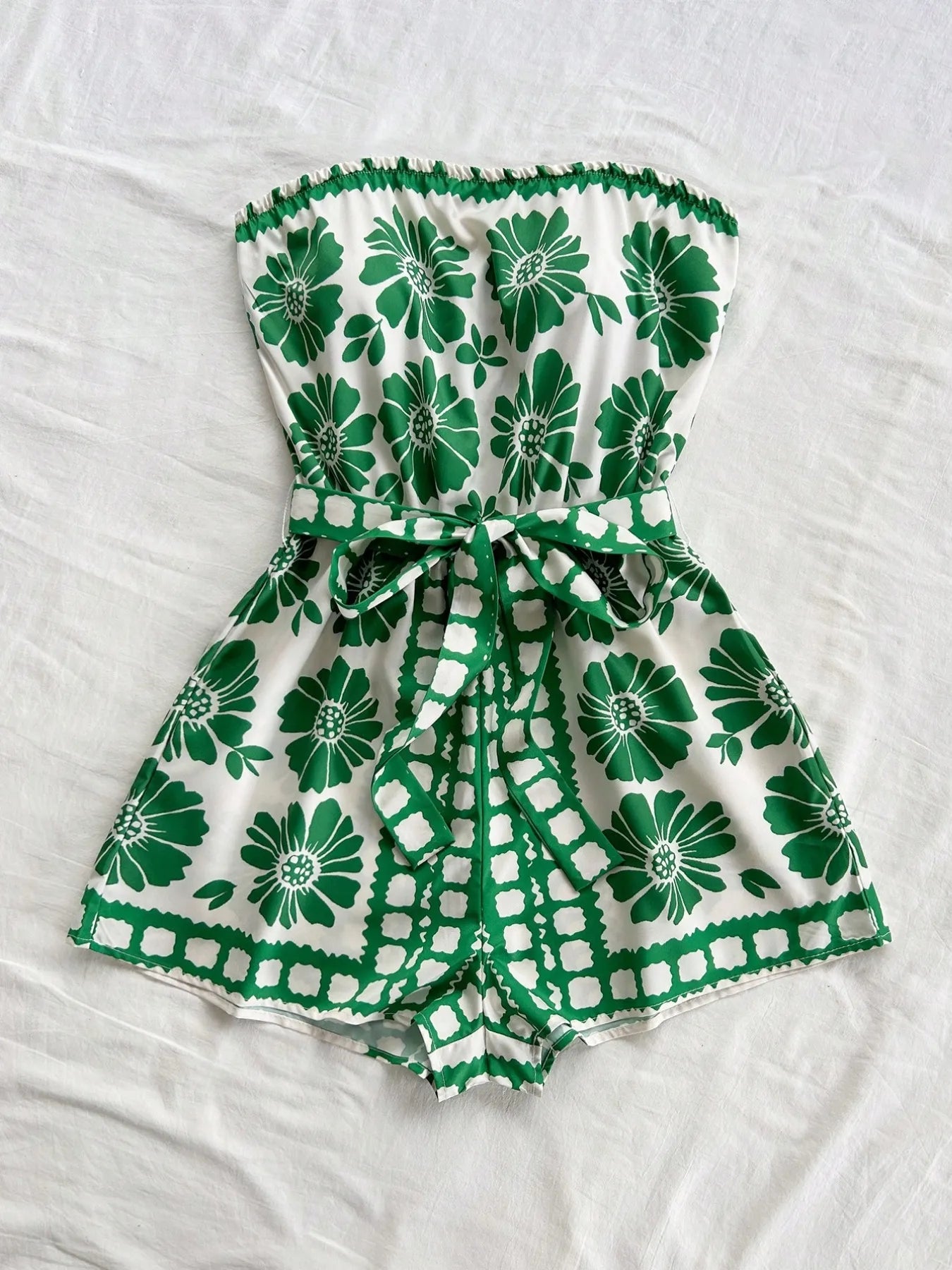 Printed Tube Tie Waist Romper OutfitFlow