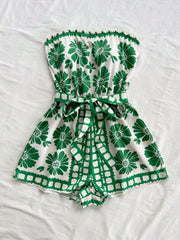 Printed Tube Tie Waist Romper OutfitFlow