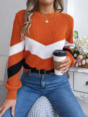 Chevron Stripe Color Block Round Neck Sweater Orange OutfitFlow