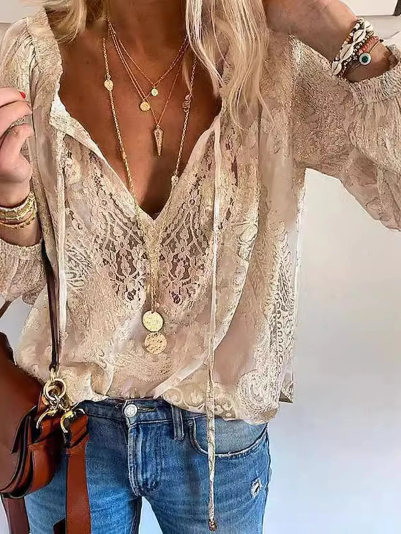 Lace Tie-Neck Blouse Khaki Trendsi