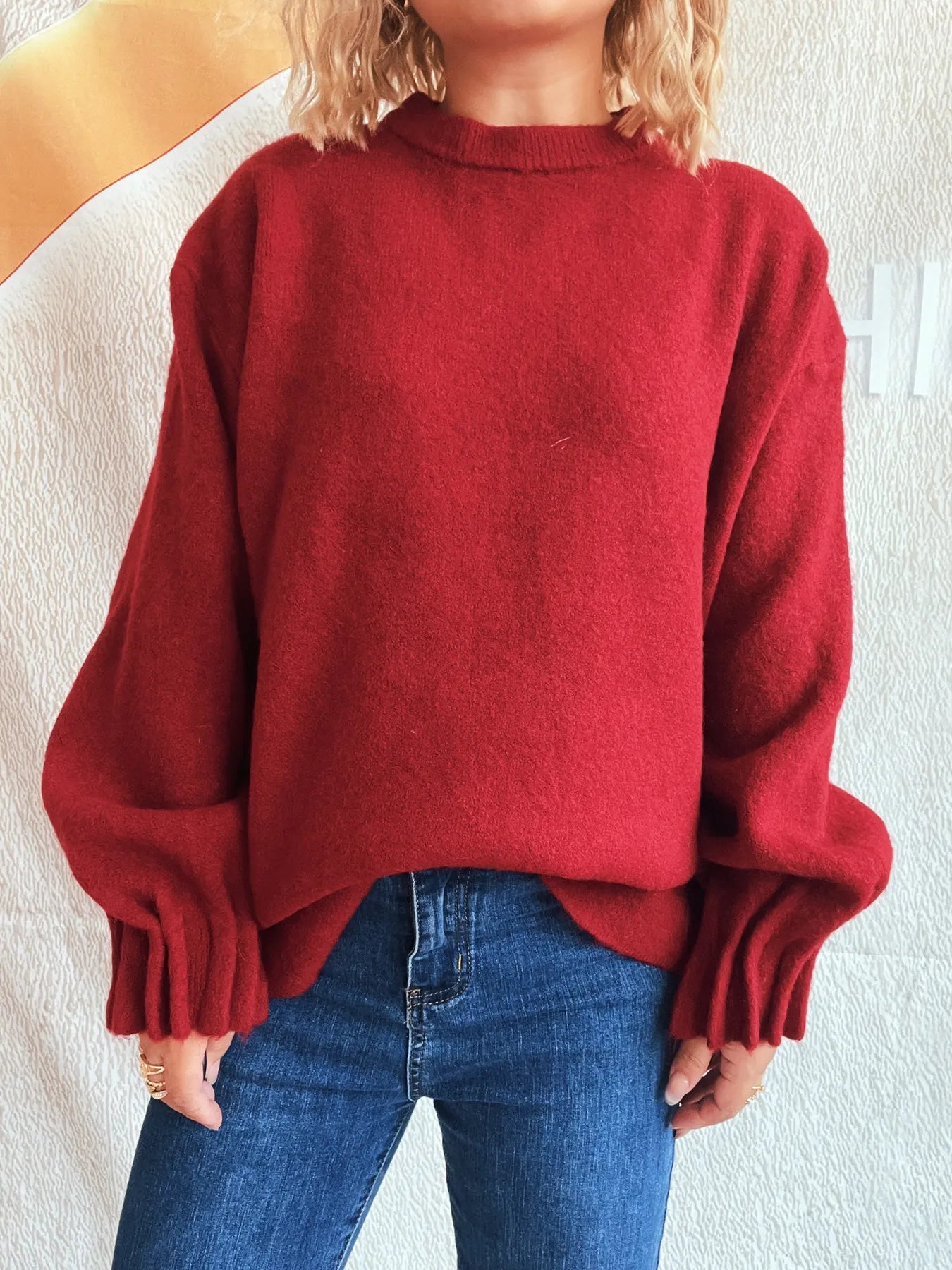 Round Neck Dropped Shoulder Sweater OutfitFlow