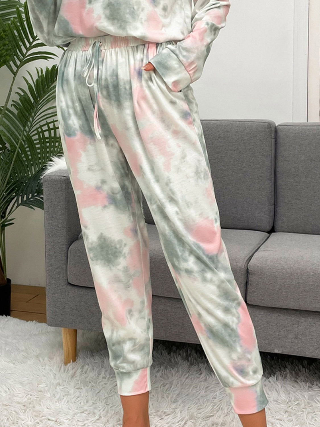 Outfit Flow - Shiny Tie-Dye Round Neck Top and Drawstring Pants Lounge Set