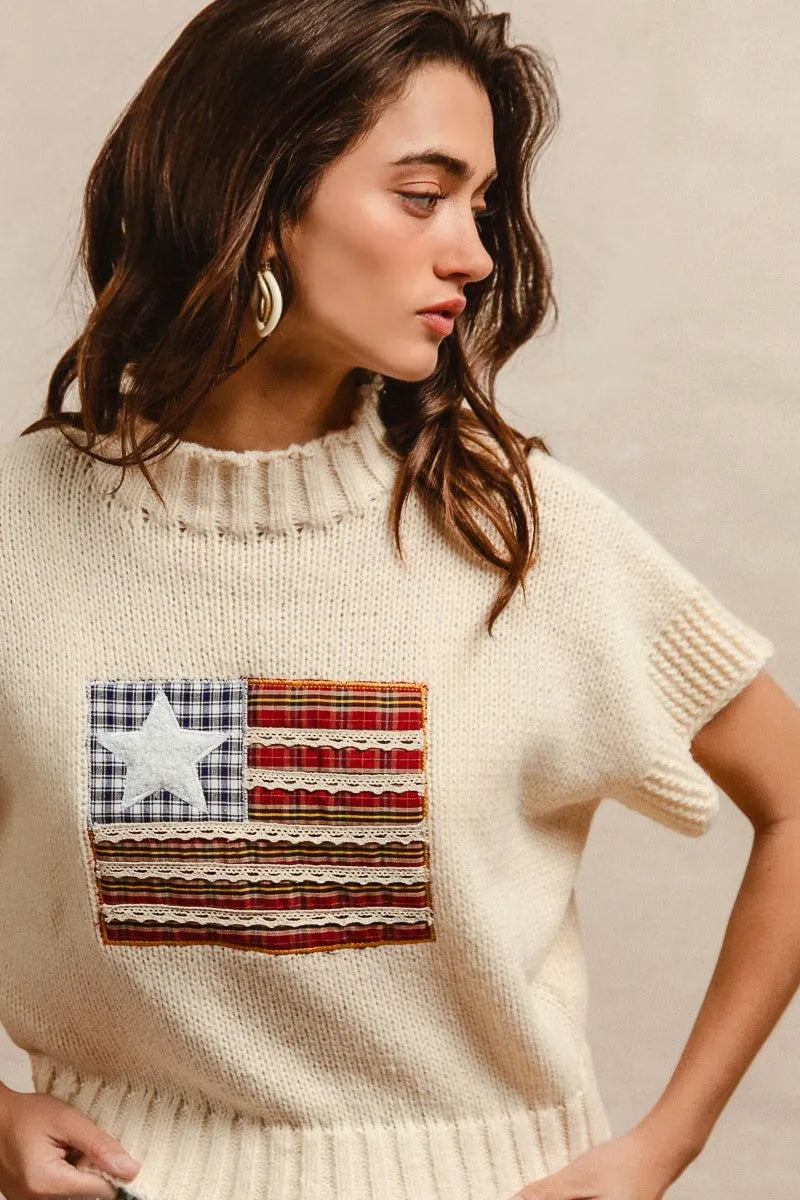 BiBi American Flag Patchwork Drop Shoulder Sweater OutfitFlow