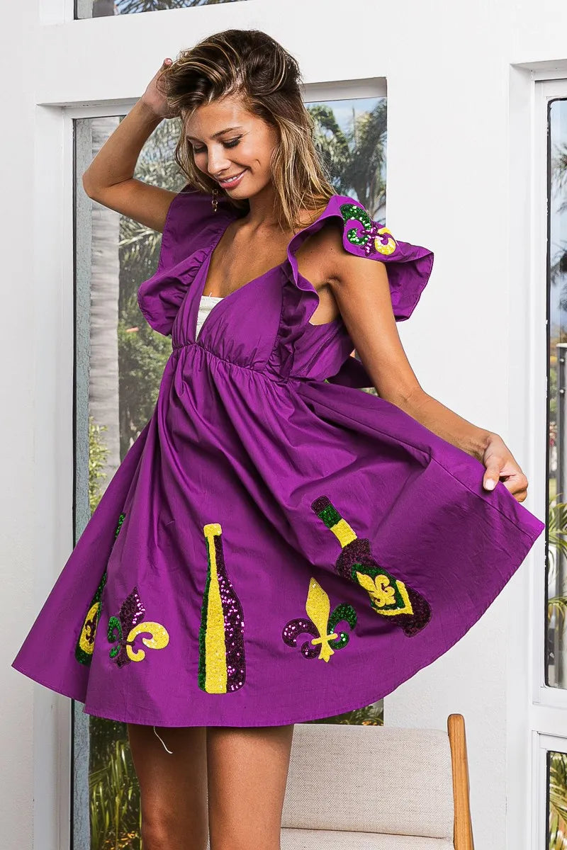 BiBi Mardi Gras Sequin Embroidery Ruffled Dress OutfitFlow