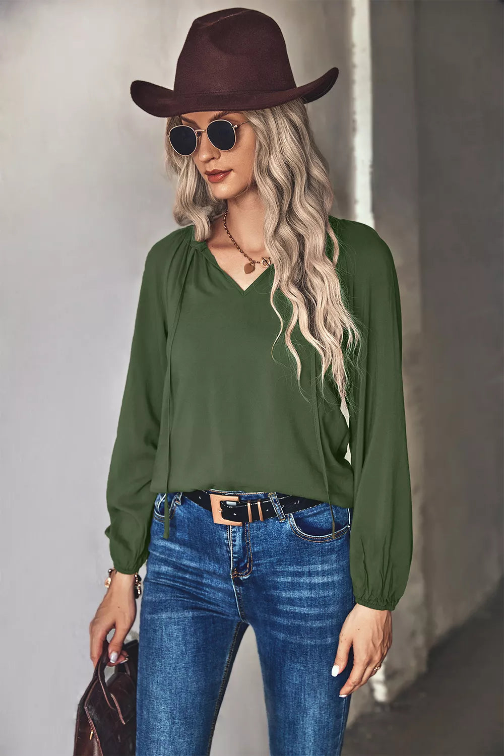 Tie Neck Long Sleeve Blouse OutfitFlow